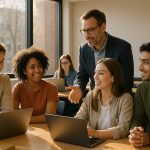 Groupe de jeunes en formation moderne dans une salle lumineuse