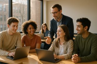 Groupe de jeunes en formation moderne dans une salle lumineuse