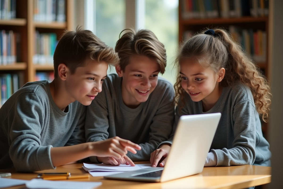 Trois lycéens discutant autour d’un ordinateur en bibliothèque