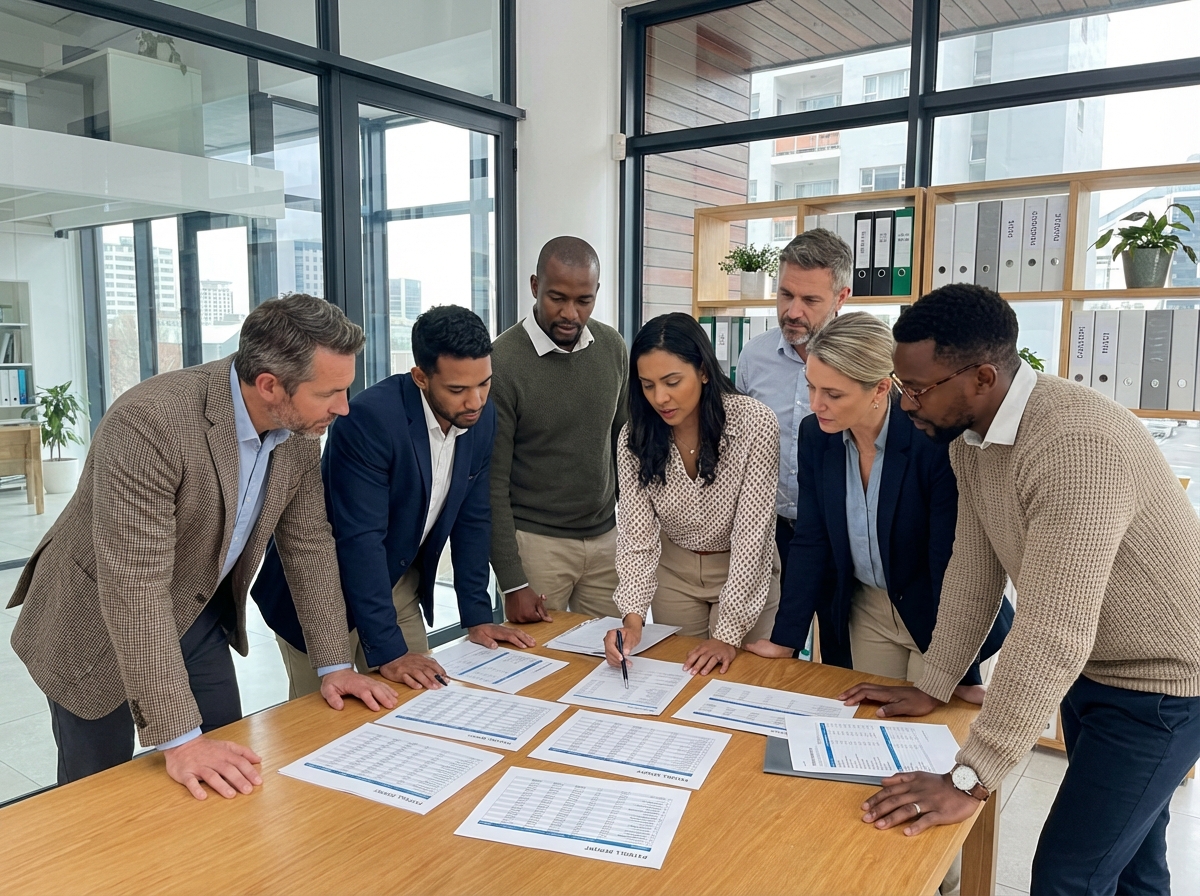 Groupe de professionnels autour de documents de paie en réunion