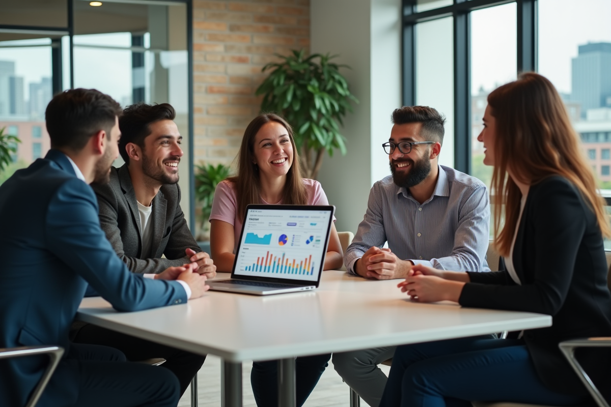 Groupe de jeunes professionnels discutant stratégie en réunion