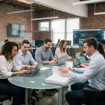 Groupe divers d'experts IT en réunion dans un bureau moderne