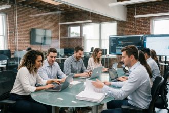 Groupe divers d'experts IT en réunion dans un bureau moderne
