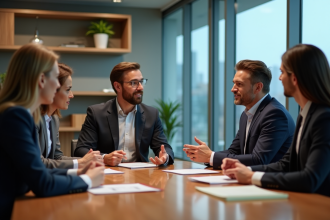 Groupe de professionnels en réunion dans un bureau moderne