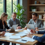 Groupe d'adultes en réunion dans un bureau moderne