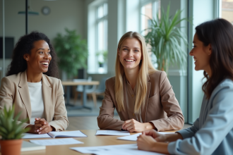 Groupe de trois adultes en réunion dans un bureau moderne