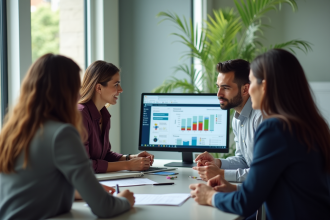 Groupe de professionnels collaborant autour d'une tablette en réunion