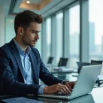Jeune homme en costume analyse des graphiques financiers