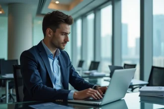 Jeune homme en costume analyse des graphiques financiers