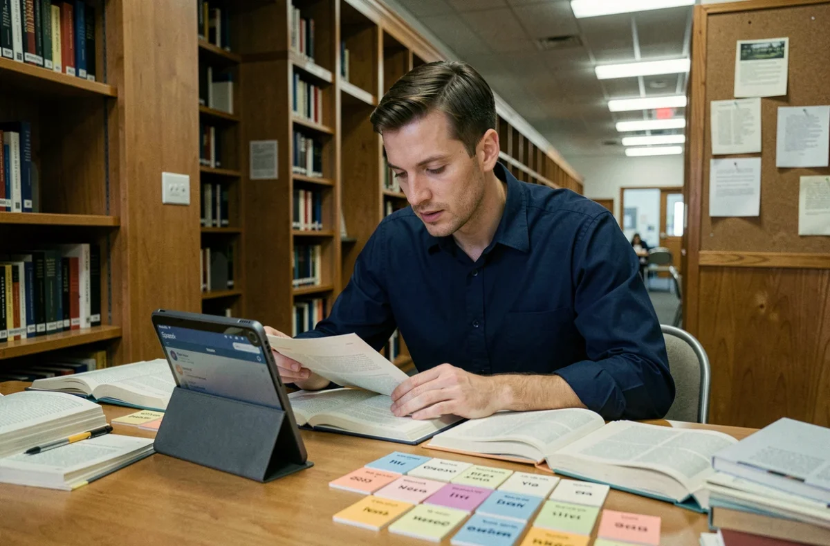 Homme en bibliothèque utilisant des flashcards et une application d'apprentissage accéléré pour mémoriser plus vite