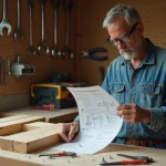 Homme adulte suivant un tutoriel imprimé pour assembler des étagères en bois dans un atelier de bricolage à domicile