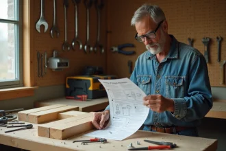 Homme adulte suivant un tutoriel imprimé pour assembler des étagères en bois dans un atelier de bricolage à domicile