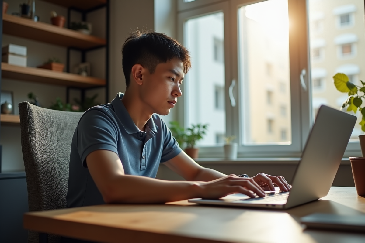 Jeune homme travaillant sur un ordinateur dans un bureau à domicile