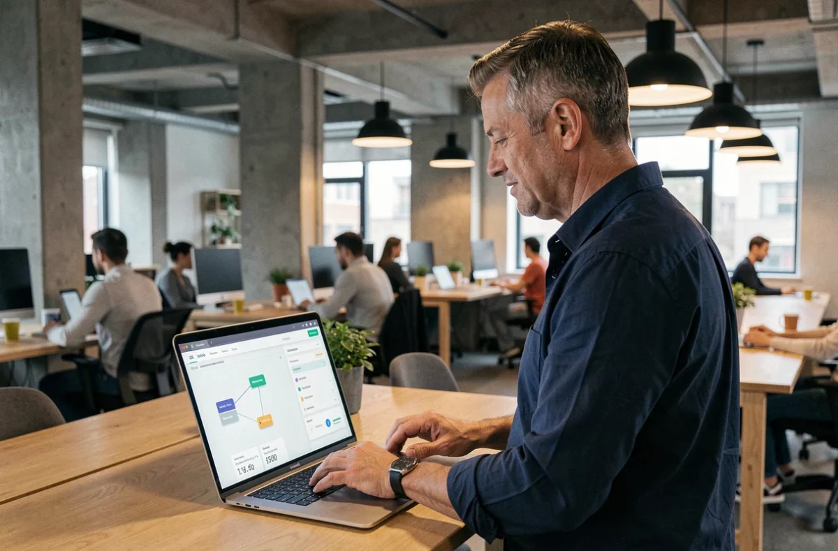 Homme debout dans un espace de co-working configurant une séquence d'automatisation d'emailing pour un tunnel de conversion
