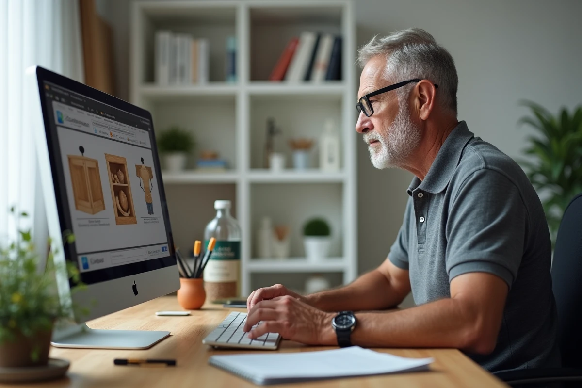 Homme senior suivant une formation bricolage en ligne structurée sur ordinateur à son bureau avec des outils de menuiserie posés à côté