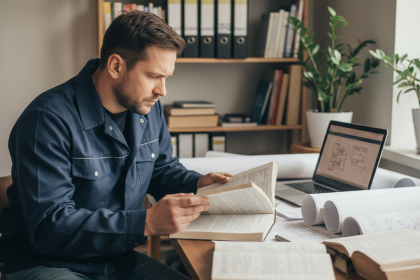 Homme lisant un manuel dans un bureau à domicile