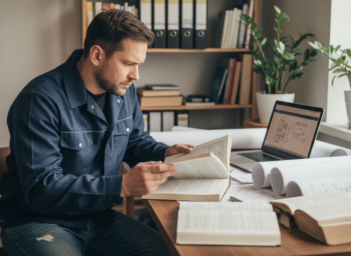 Homme lisant un manuel dans un bureau à domicile