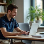Homme en polo bleu utilisant un ordinateur dans un bureau moderne