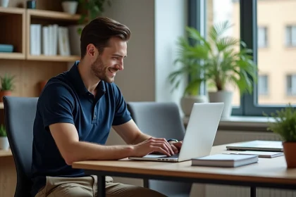 Homme en polo bleu utilisant un ordinateur dans un bureau moderne