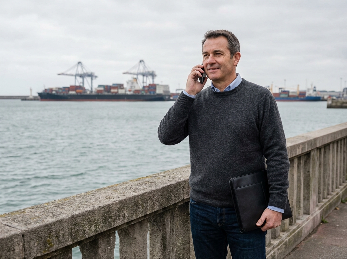 Homme pensif parlant au smartphone au port de Le Havre