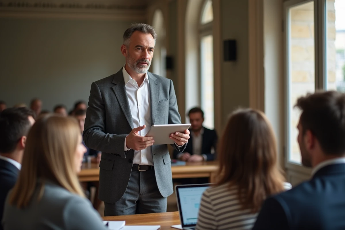 Homme en présentation de concepts numériques à un groupe