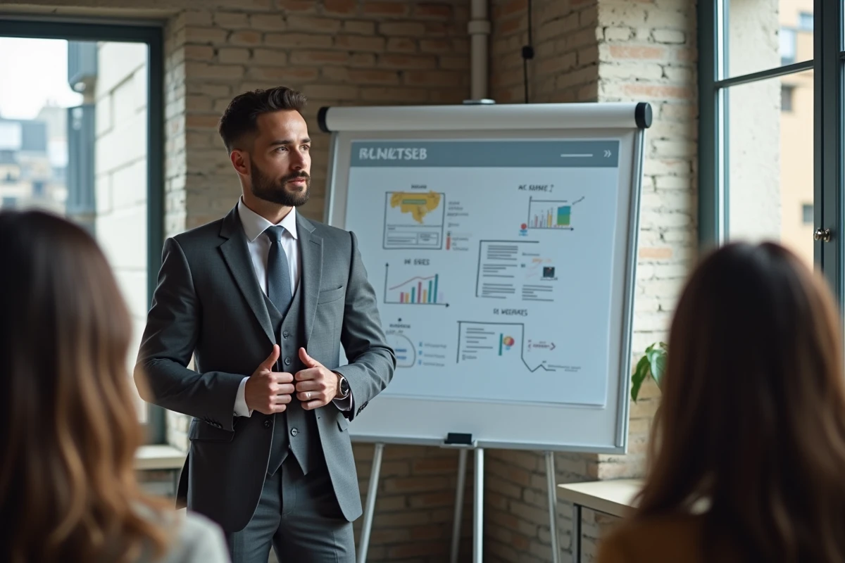 Homme en costume présentant une formation en coworking