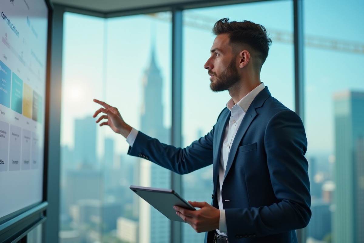 Homme confiant donnant une présentation en entreprise