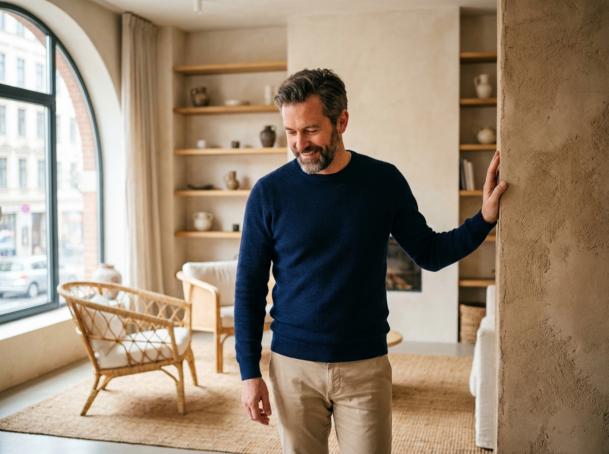 Homme admirant la texture d'un mur en plâtre dans un salon redessiné avec des matériaux naturels et une fenêtre arquée