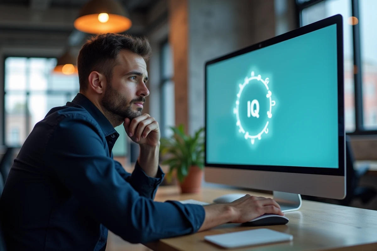 Homme en train de passer un test de QI en ligne sur un ordinateur dans un espace de coworking