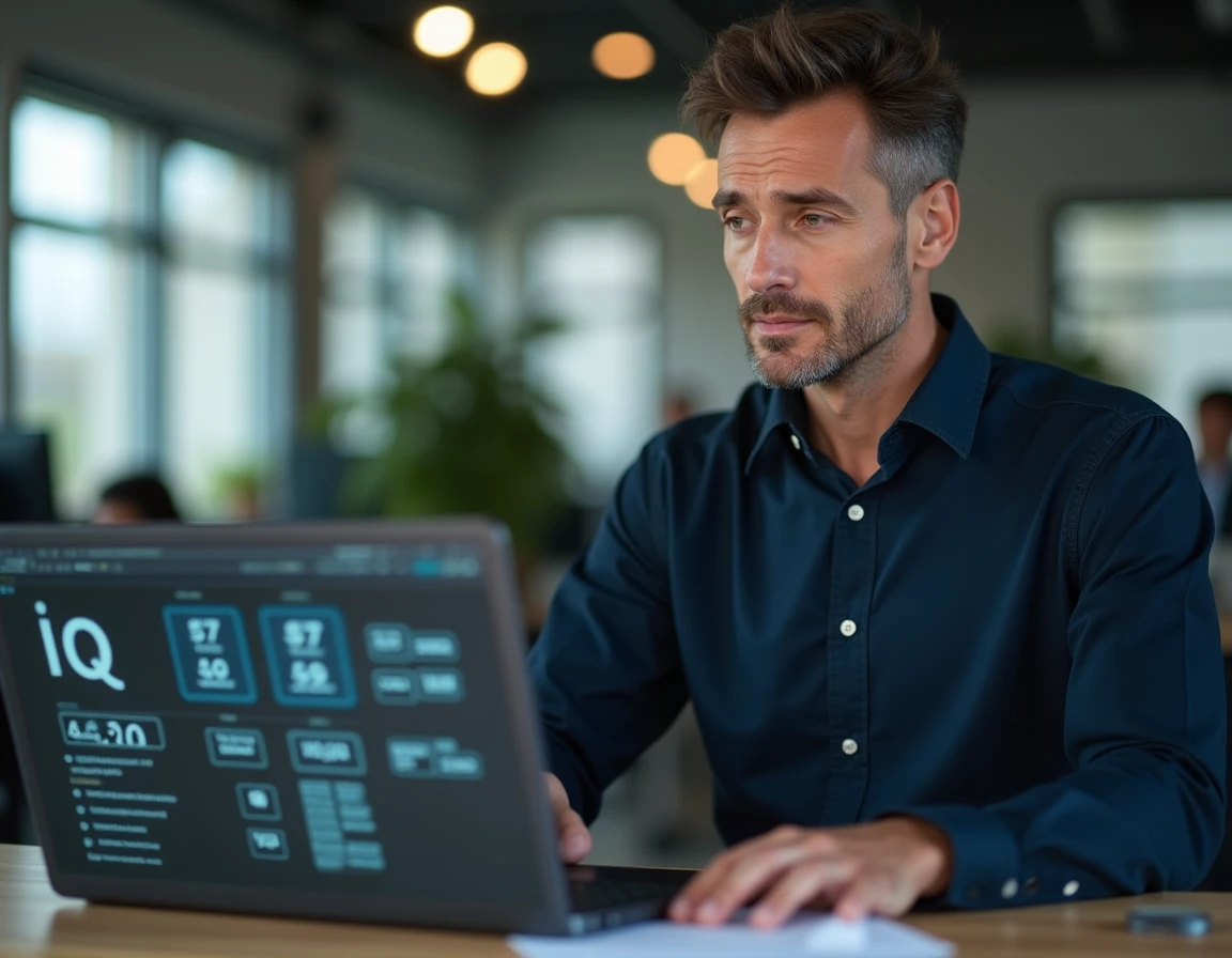 Homme adulte concentré passant un test de QI en ligne sur un ordinateur portable au bureau