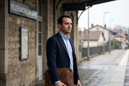 Homme en blazer sur une plateforme de train à Lyon