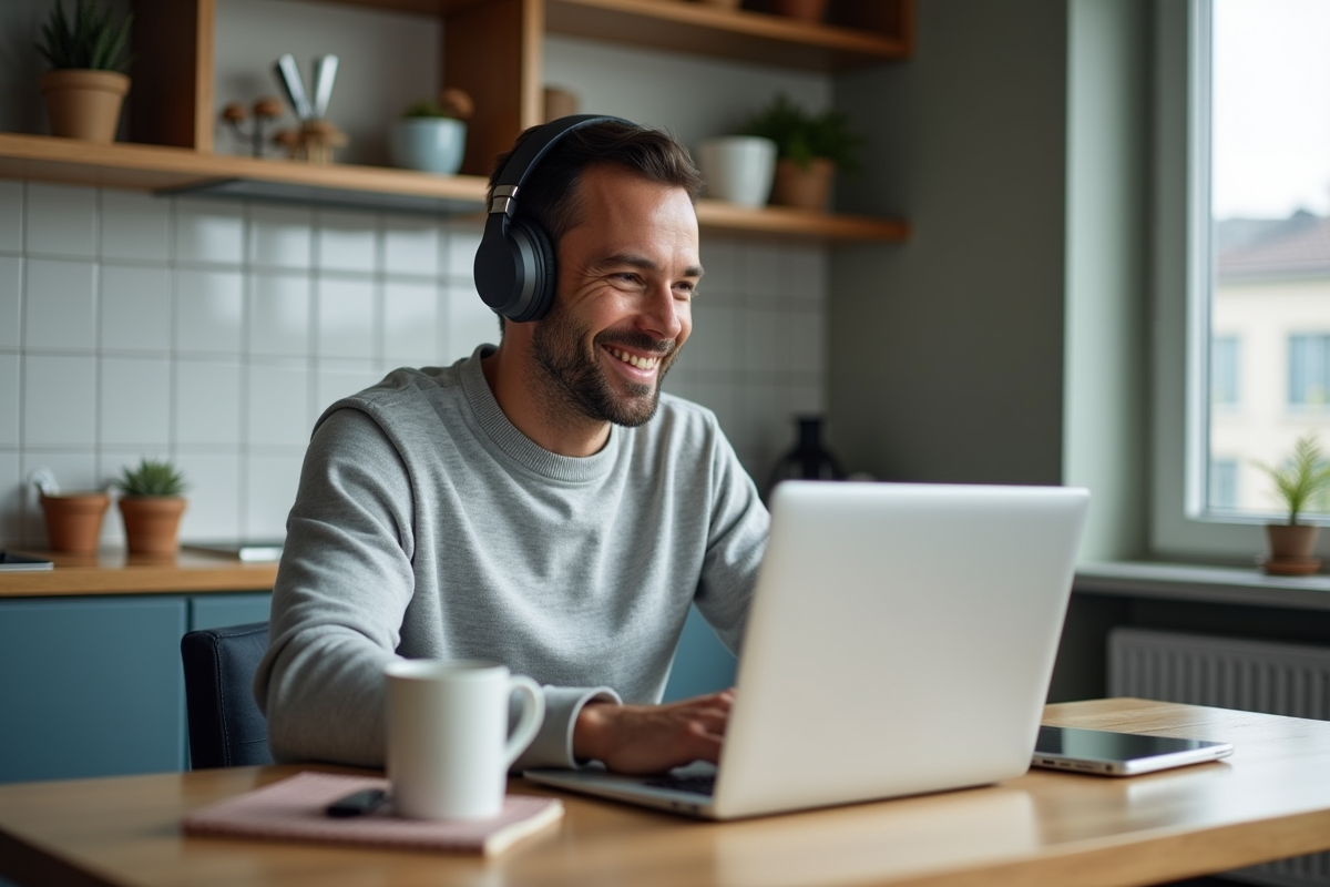 Homme détendu participant à formation en ligne à la maison