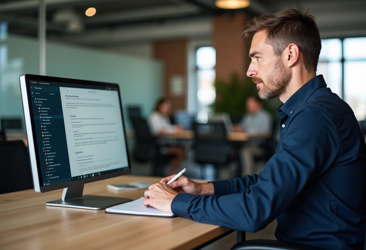 Homme d age moyen suivant des instructions sur son ecran au coworking