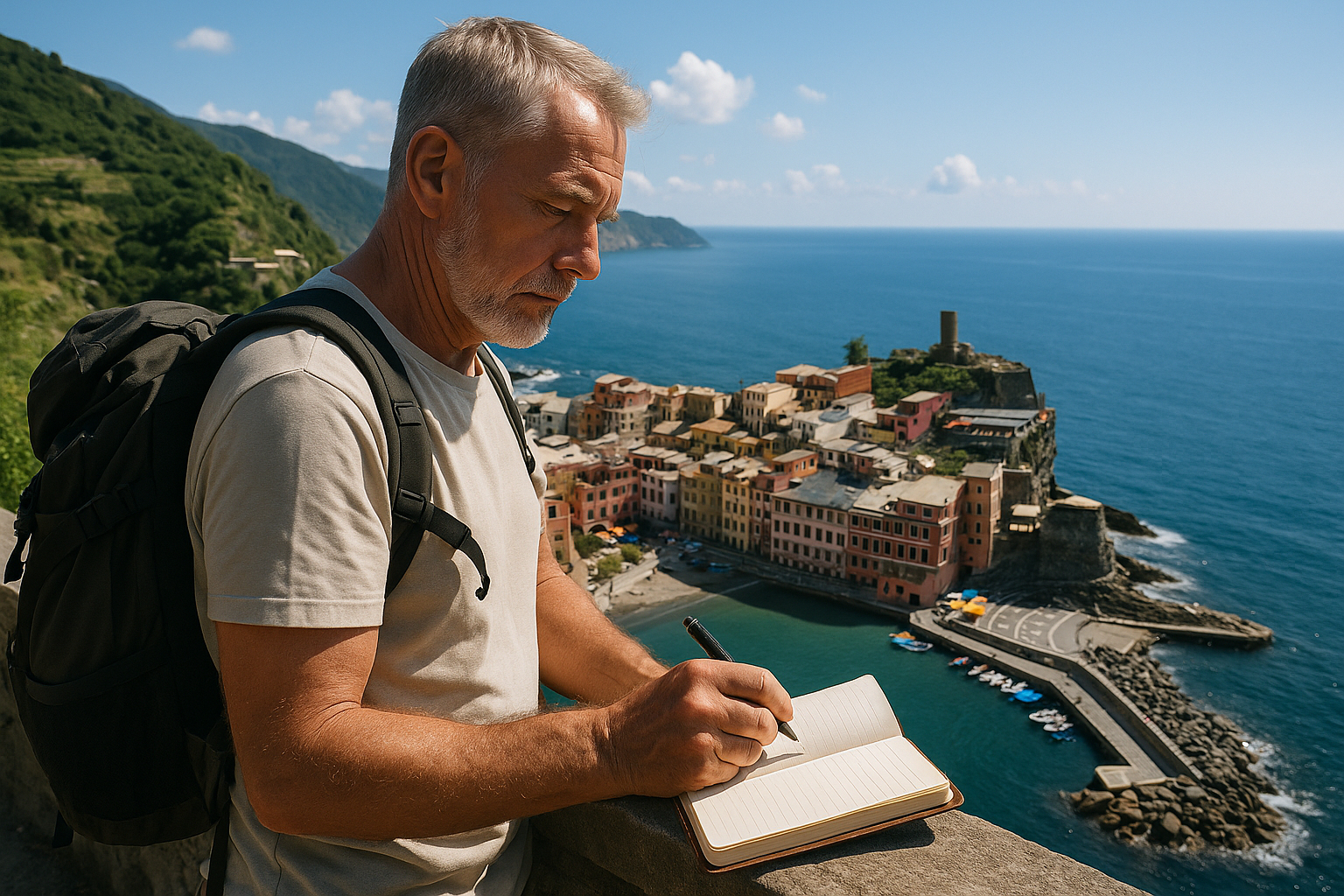 Homme avec sac à dos prenant des notes sur un point de vue côtier