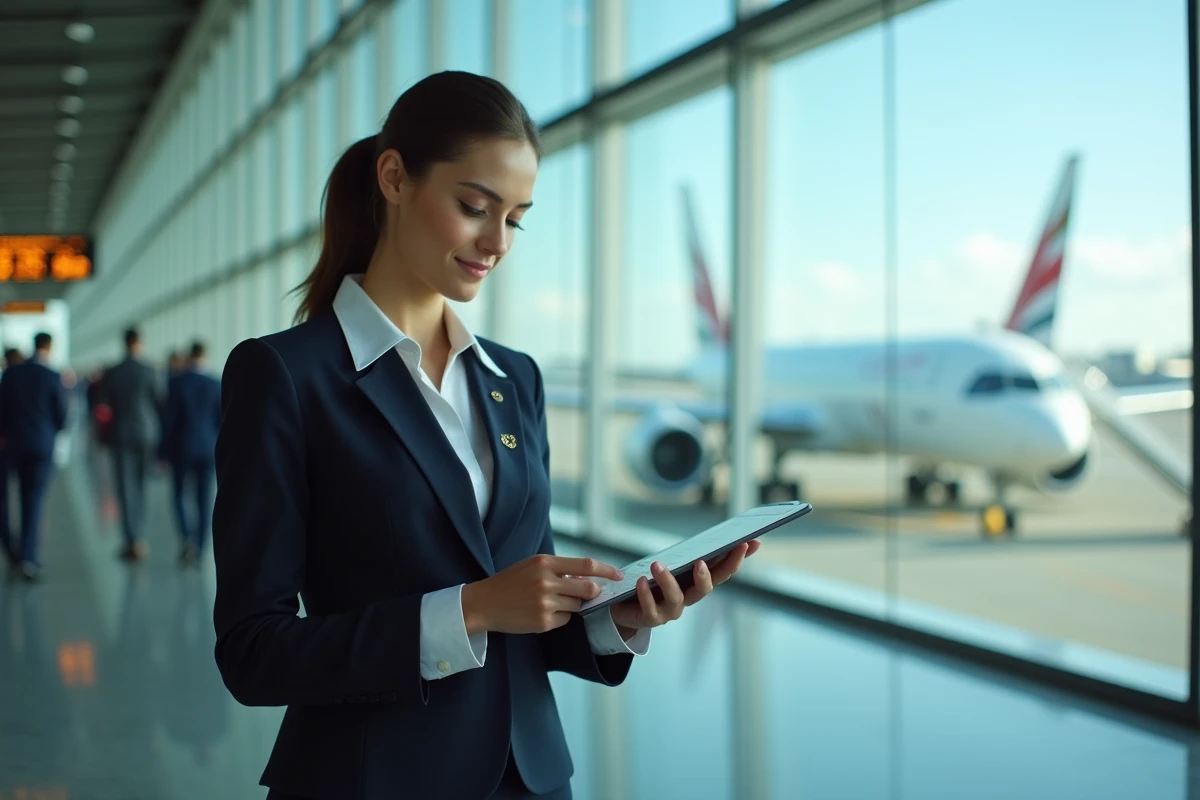 Hôtesse de l'air consultant une tablette dans un terminal d'aéroport avec un avion visible par les grandes fenêtres panoramiques en arrière-plan