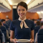 Hôtesse de l'air en uniforme bleu marine dans la cabine d'un avion commercial, souriant professionnellement lors d'un service à bord