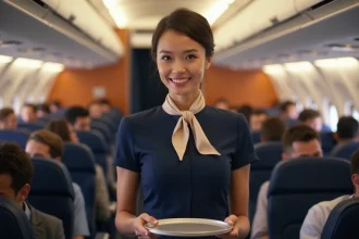 Hôtesse de l'air en uniforme bleu marine dans la cabine d'un avion commercial, souriant professionnellement lors d'un service à bord