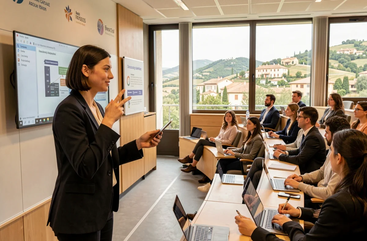 Étudiante en école de commerce présentant une analyse de cas devant ses pairs