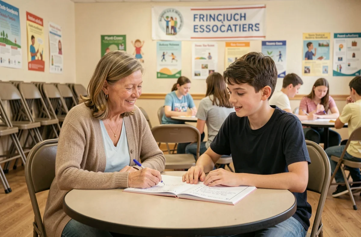 Bénévole de l'IFAC accompagnant un jeune élève dans un atelier de soutien éducatif en salle associative