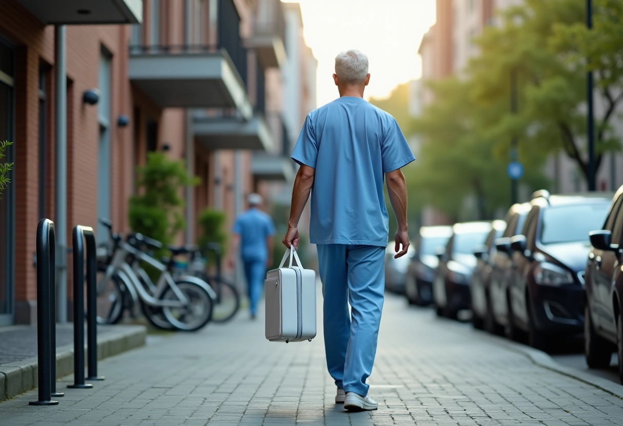 Infirmier homme marchant dans une rue urbaine
