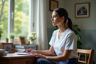 Infirmière femme dans un bureau à domicile lumineux