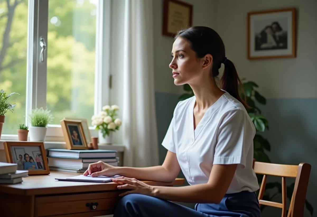 Infirmière femme dans un bureau à domicile lumineux
