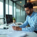 Jeune ingénieur sud-asiatique examine des plans architecturaux