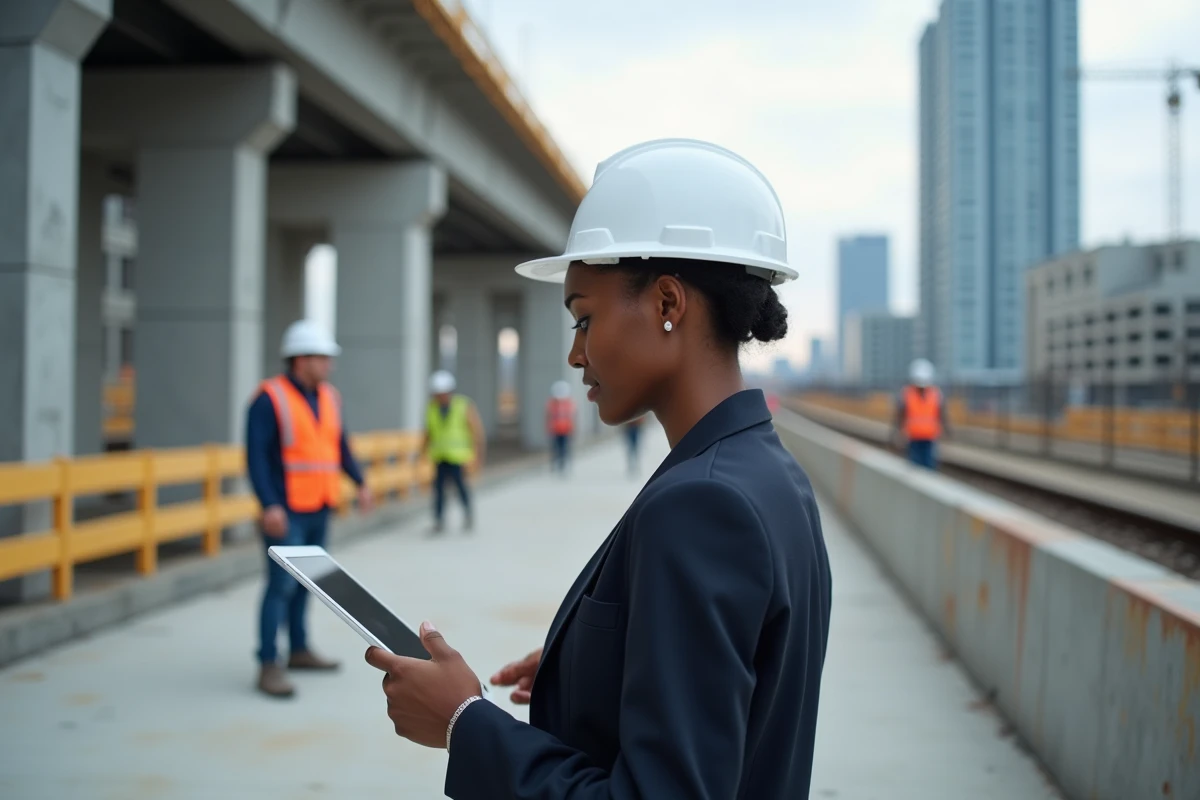Ingénieure noire inspecte un chantier de construction avec tablette