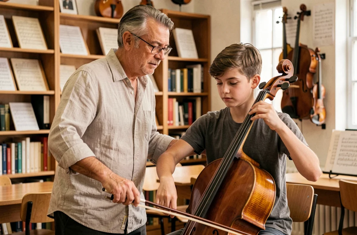 Un professeur encadrant un élève au violoncelle à l'Institut de Musique de Paris