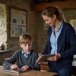Institutrice aidant un élève à utiliser une tablette numérique dans une petite école rurale en pierre