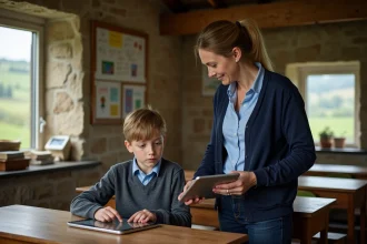 Institutrice aidant un élève à utiliser une tablette numérique dans une petite école rurale en pierre