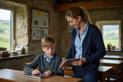 Institutrice aidant un élève à utiliser une tablette numérique dans une petite école rurale en pierre