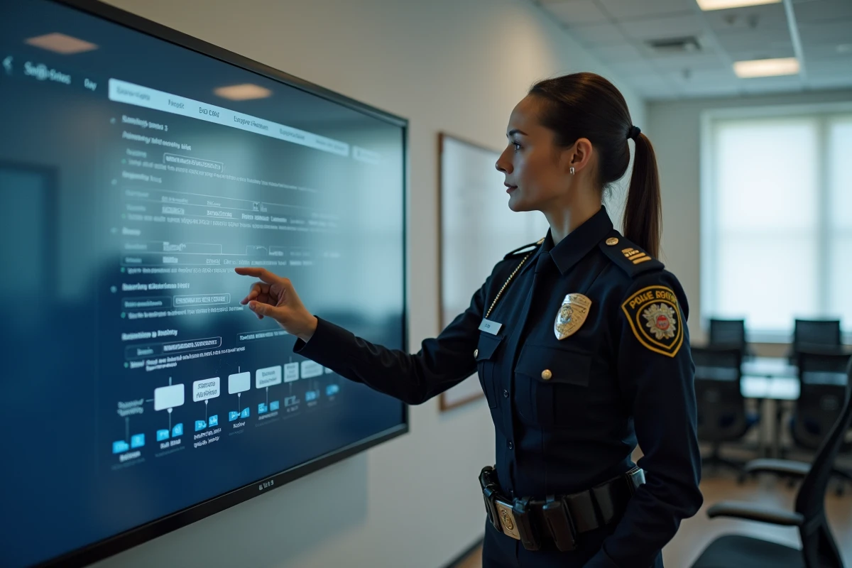 Instructrice de police présentant un module de formation eCampus sur écran interactif dans une salle de cours officielle