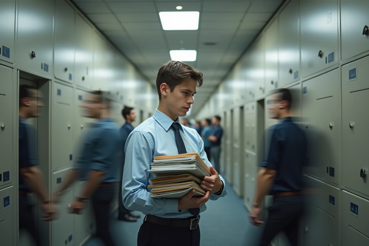 Jeune assistant dans un couloir de bureau occupé